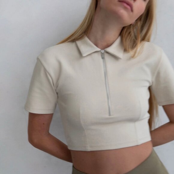 Oak and Fort Cropped zip cream beige natural polo size M STONE  Crop top - Picture 1 of 8